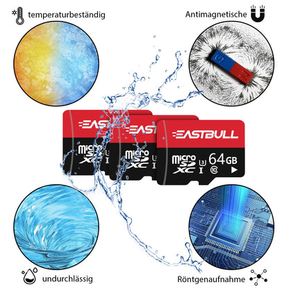EASTBULL Micro SD Speicherkarte 64GB 3er-Pack mit SD-Adapter U1 C10