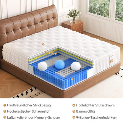 Hieptos Taschenfederkernmatratze 140x200 cm, 9-Zonen, Härtegrad H3-H4