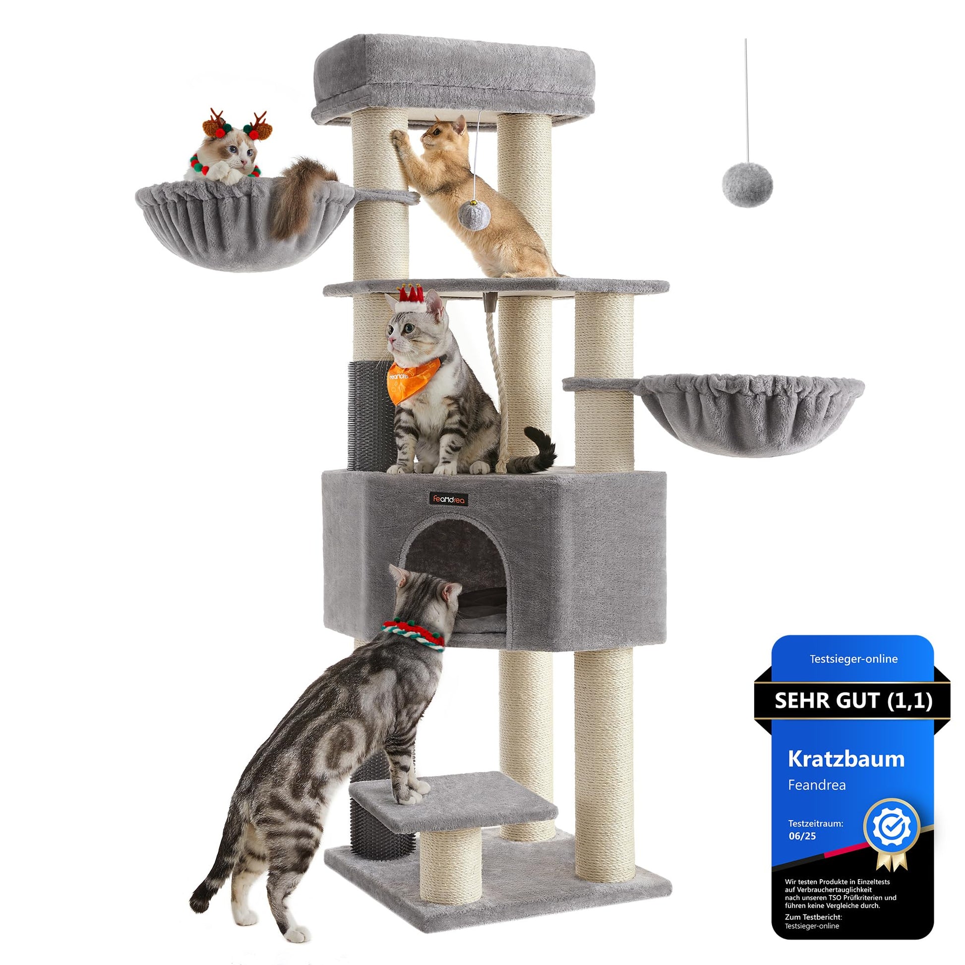 Feandrea PCT003N01 Kratzbaum für grosse Katzen - Taubengrau. Mehrstufiger Baum mit Sisalsäulen. Zur Krallenpflege, Klettern & Schlafen.