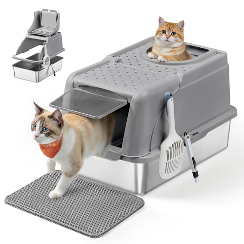 Feandrea Katzenklo Edelstahl XL mit Deckel und 2 Eingängen, taubengrau – Katzentoilette mit Schaufel und Bürste