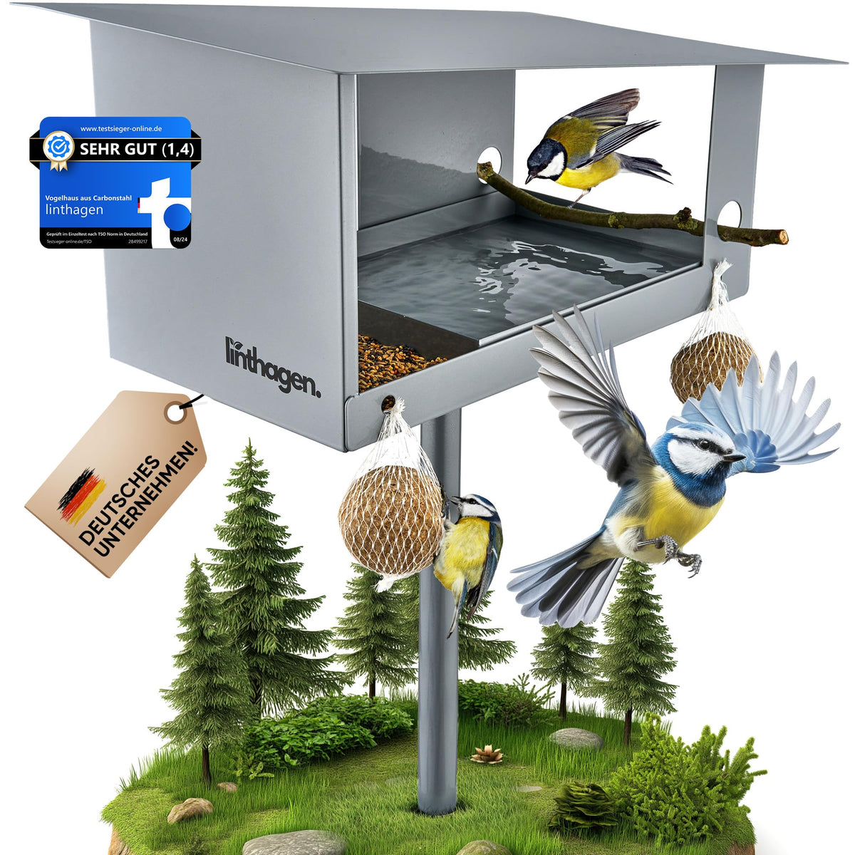 linthagen 3-in-1 Futterhaus mit Ständer - gross, wetterfest. Grosses, wetterfestes Futterhaus auf Ständer bietet Vögeln Nahrung und Unterschlupf.