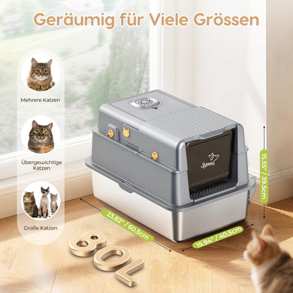 PalNests Edelstahl-Katzentoilette XXL mit Deckel, Klappe und Schaufel