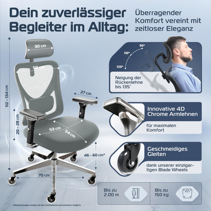 CLOUVOU CleverSeat Ergonomischer Bürostuhl mit 4D-Armlehnen, 150 kg