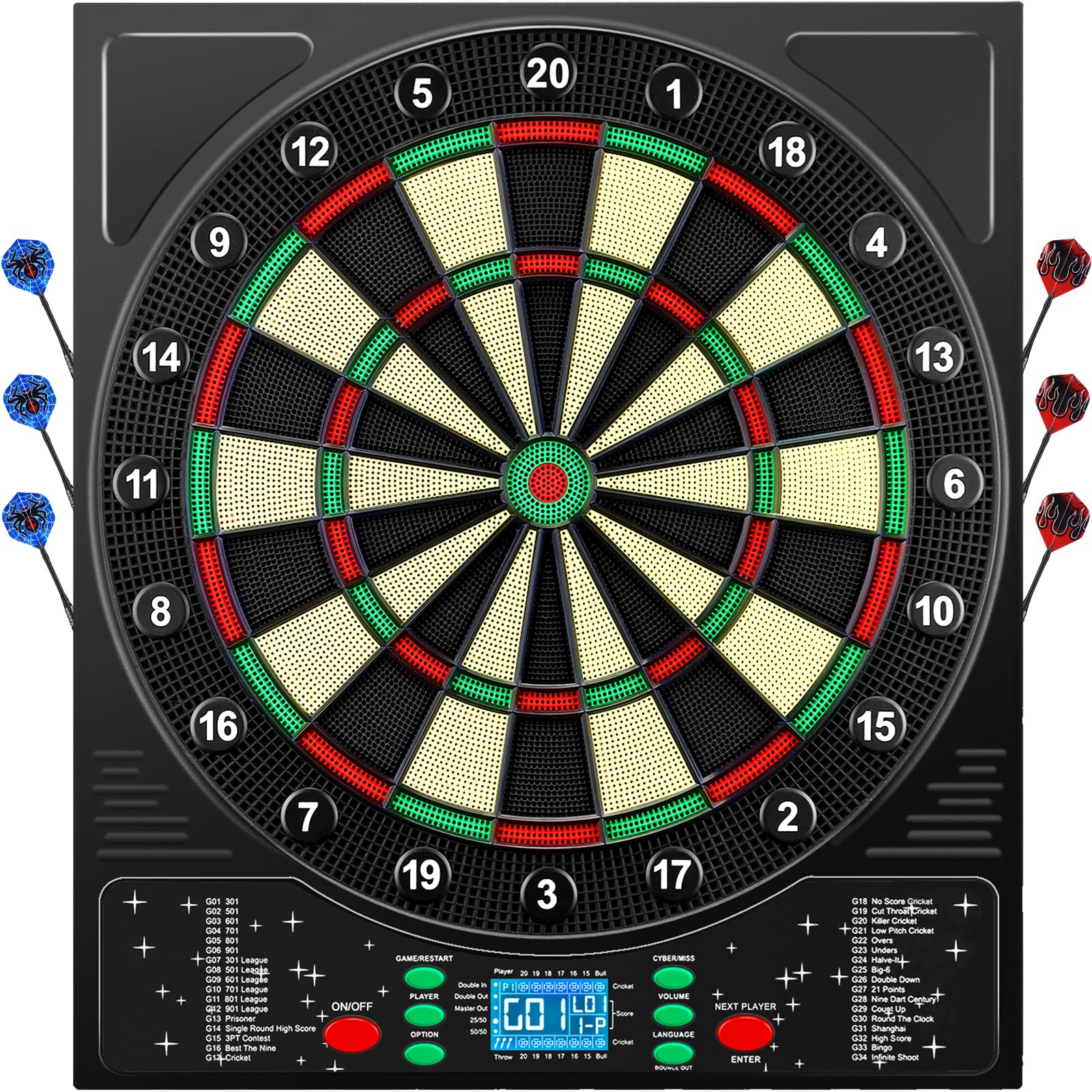 Coanhctm Profi E-Dartscheibe mit Deutscher Stimme. Runde, schwarze E-Dartscheibe zur elektronischen Punktwertung.