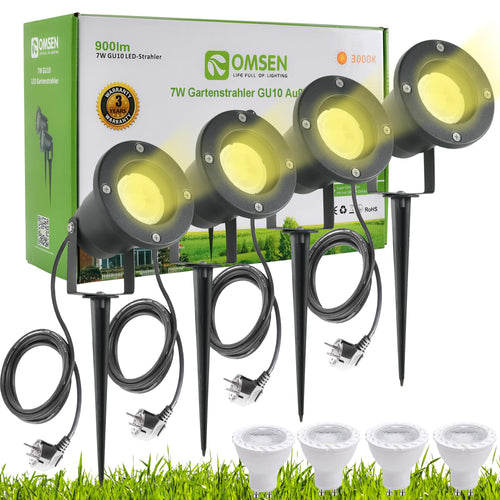 OMSEN Gartenstrahler Erdspiess – GU10 Warmweiss IP67 4er Set: Schwarzer Gartenstrahler mit Erdspiess zur punktuellen Aussenbeleuchtung.