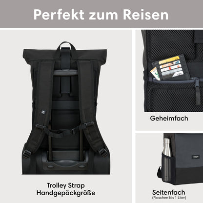LARKSON No 4 Rolltop Rucksack Schwarz Grau mit Laptopfach 16 Zoll