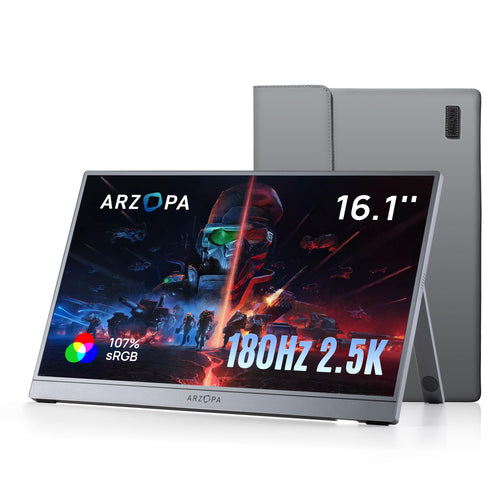ARZOPA Z3FC Portabler Monitor 16,1 Zoll 2,5K QHD 180 Hz Grau mit integriertem Standfuss und Schutzhülle