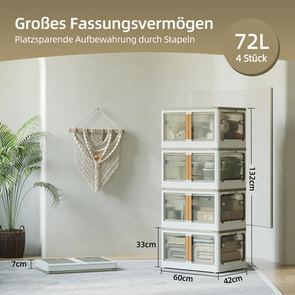 NETEL Faltbare Aufbewahrungsbox 72L – 4er Set Transparent mit Tür