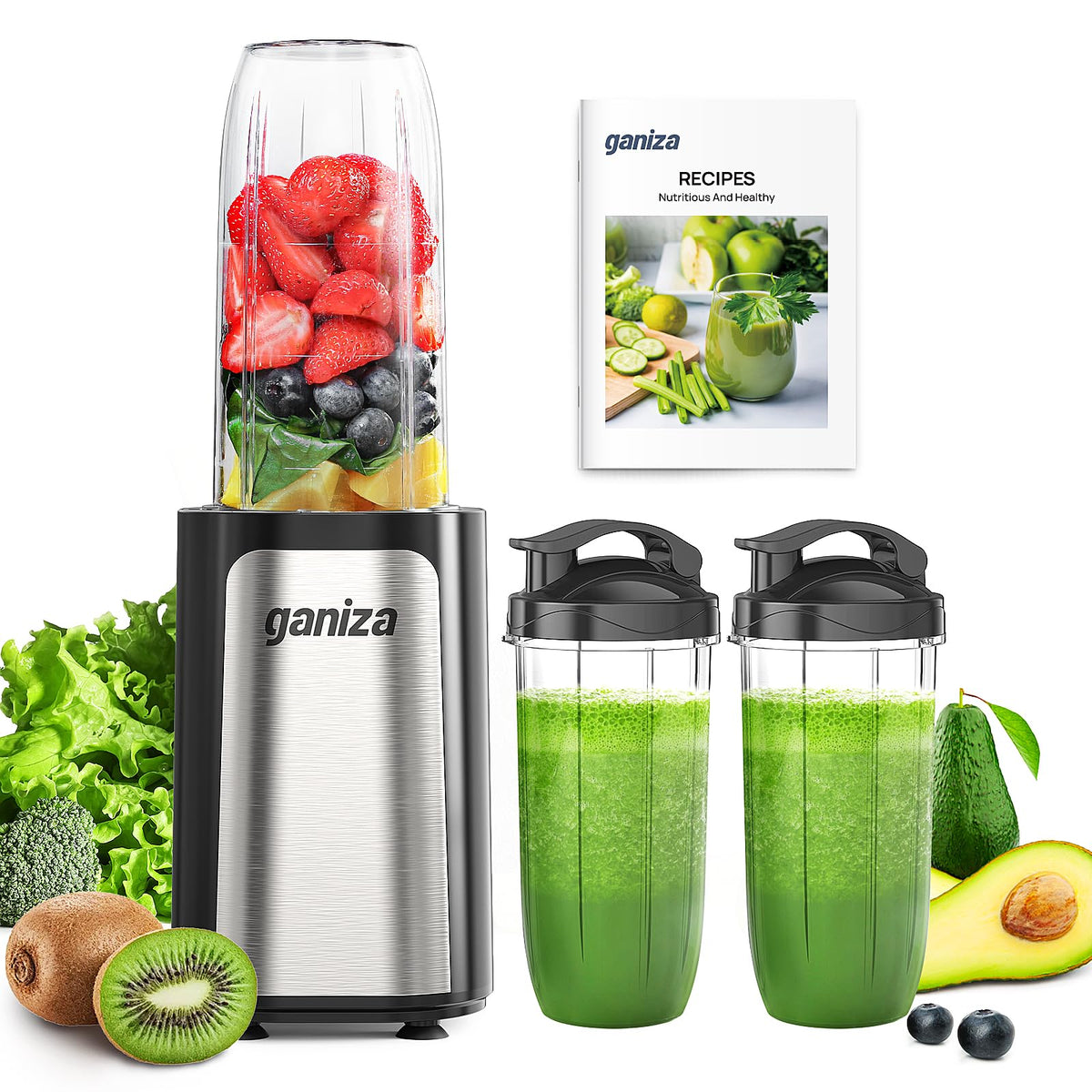 Ganiza GB06 Standmixer 900W Smoothie Maker mit 3 Mixbechern, Vierklingen-Edelstahlmesser, BPA-frei