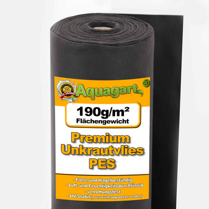 Aquagart Unkrautvlies schwarz 190g – 50m x 1m Gartenvlies. Schwarze, gerollte Vliesbahn zur dauerhaften Unkrautunterdrückung im Gartenbau.