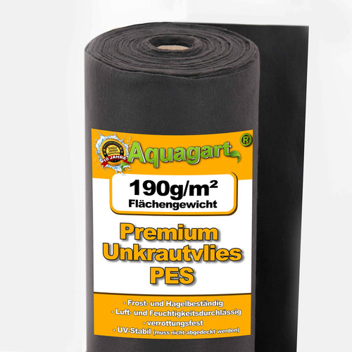 Aquagart Unkrautvlies schwarz 190g – 50m x 1m Gartenvlies. Schwarze, gerollte Vliesbahn zur dauerhaften Unkrautunterdrückung im Gartenbau.