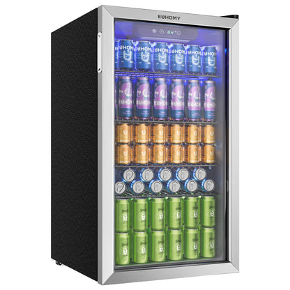 EUHOMY Getränkekühlschrank 90L, Minikühlschrank mit Glastür, Silber – Edelstahl, blaue LED-Innenbeleuchtung
