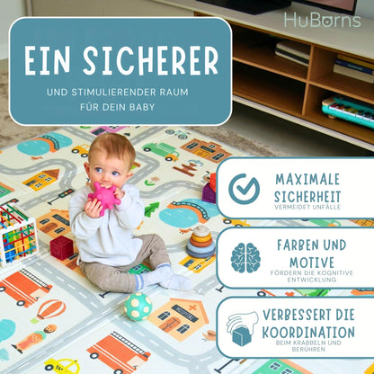 HuBorns Krabbelmatte Baby faltbar, 200x180 cm, wendbar, Stadt XL
