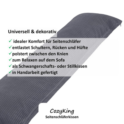 CozyKing Seitenschläferkissen mit Cordbezug, 200 x 40 cm, Grau