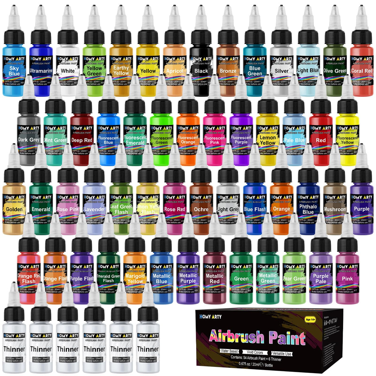 HOMY ARTY Airbrush Farben Set, 54 Acrylfarben auf Wasserbasis, 20 ml, 60 Flaschen inklusive Verdünner