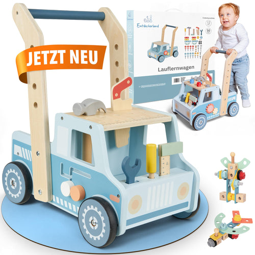 Entdeckerland Lauflernwagen 3-in-1 Motorikspielzeug Holz. Bunter Holzwagen mit Griff und Rädern zum Laufenlernen und zur Motorikförderung.