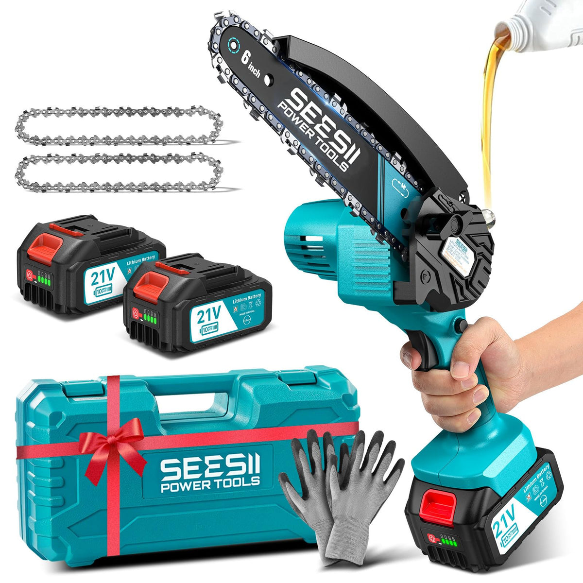 SEESII M6 Pro Mini Kettensäge mit Akku, 6 Zoll, 900 W Motor, kompakte Bauweise mit Schwert und Kette zum Baumschnitt