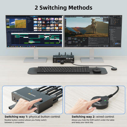 KVM Switch für 2 PC, 2 Monitore (8K) - Displayport, HDMI, USB 3.0
