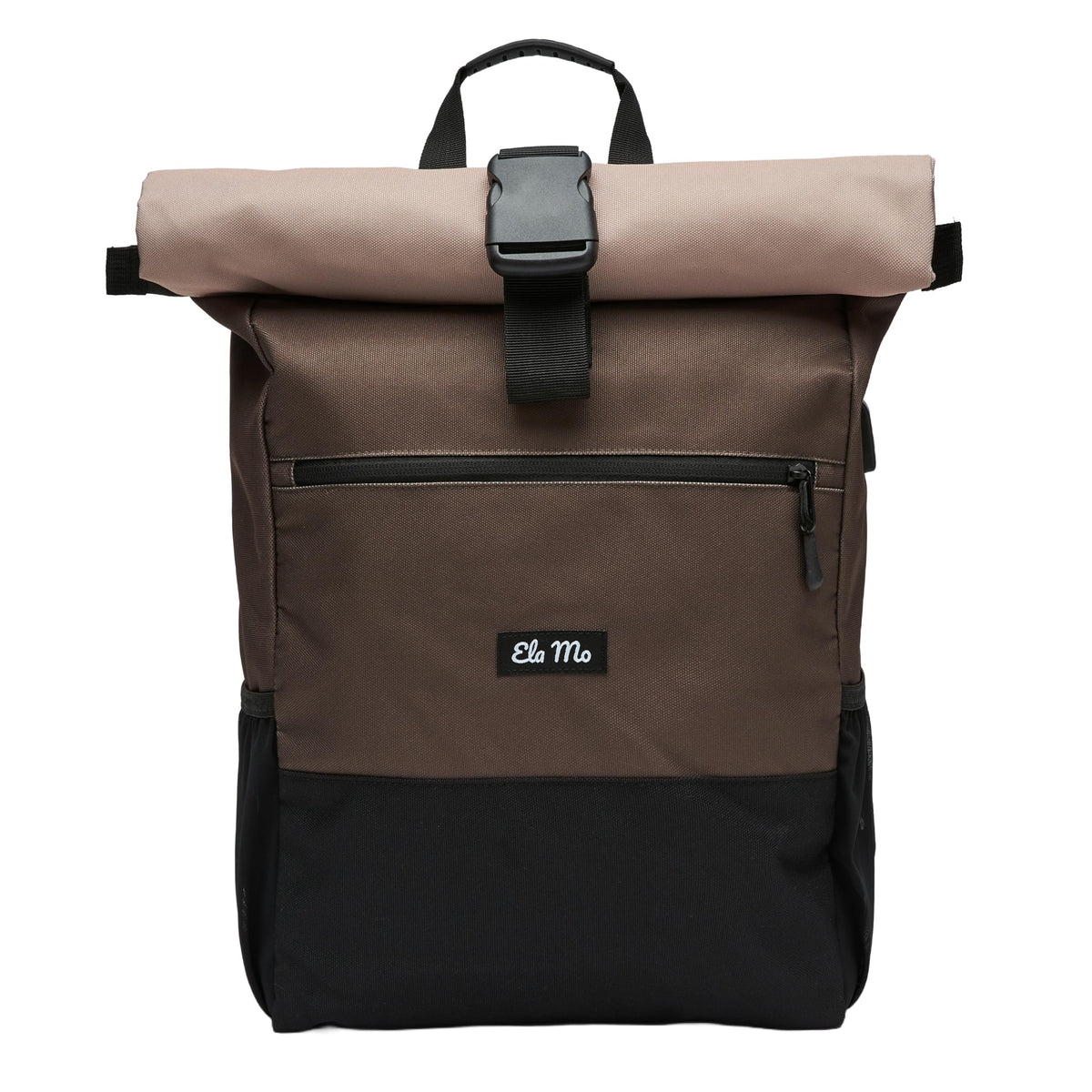 Ela Mo Rolltop Rucksack Damen mit Laptopfach und USB, Sand & Olive, zweifarbiger Rolltop-Daypack