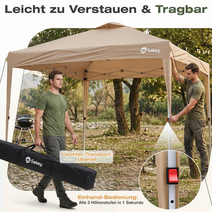 Sekey Pop Up Pavillon 3x3 m, wasserdicht, mit Seitenwänden, beige