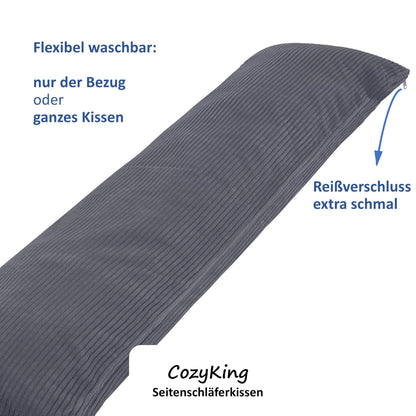CozyKing Seitenschläferkissen mit Cordbezug, 200 x 40 cm, Grau