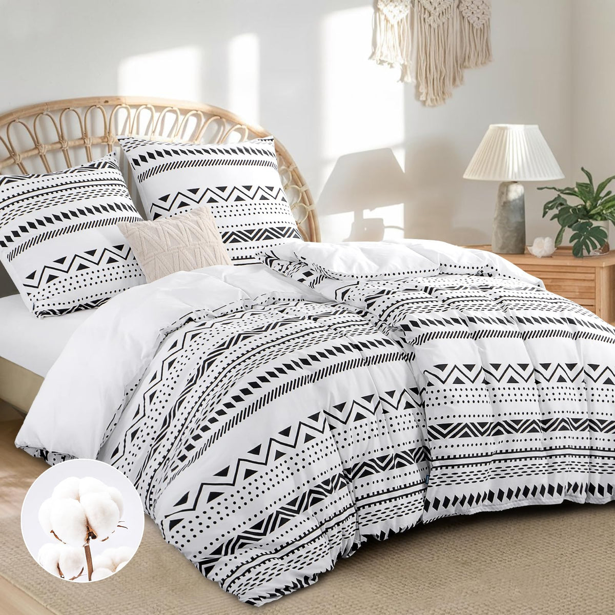 RUIKASI Bettwäsche Baumwolle 4teilig 135x200 cm Grau Boho – Muster mit Streifen, Punkten und Zickzack
