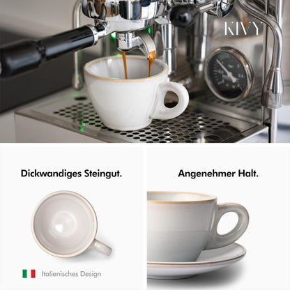 KIVY Cappuccino Tassen 4er Set aus Steingut mit Untertassen, grau