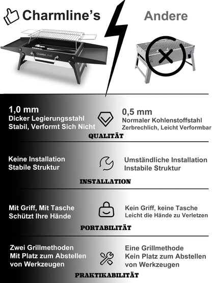 Charmline Holzkohlegrill faltbar, tragbarer Campinggrill schwarz