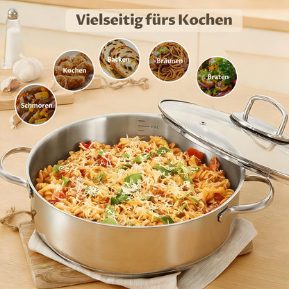 BEZIA Schmorpfanne 28 cm mit Deckel, Edelstahl 18/10 unbeschichtet