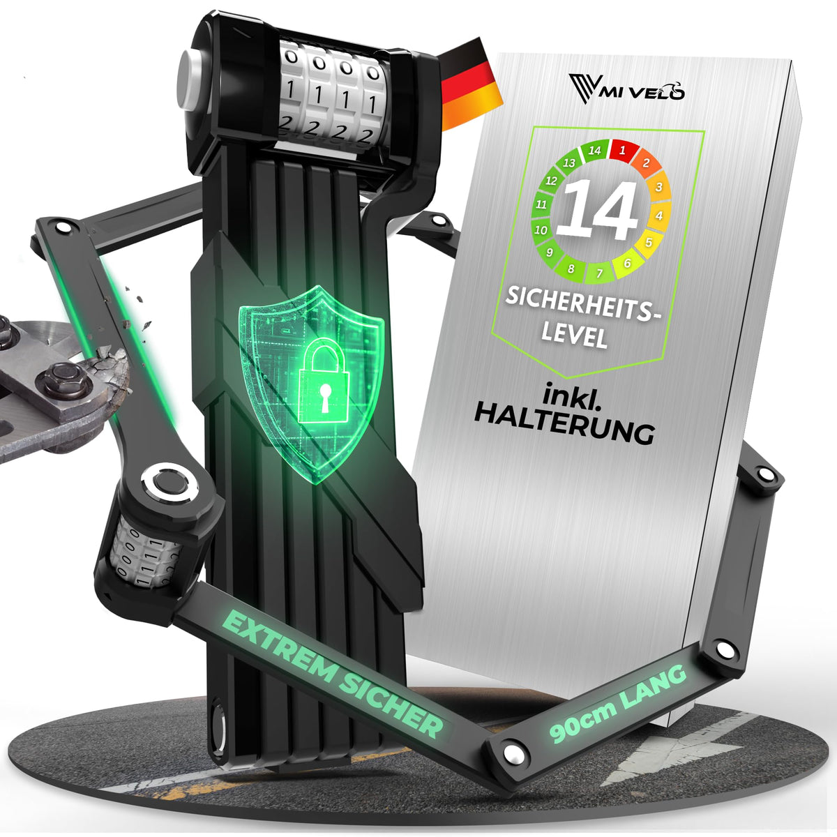 MIVELO Faltschloss Fahrradschloss mit Zahlencode 90 cm inkl. Halterung – 8 mm Stahlglieder