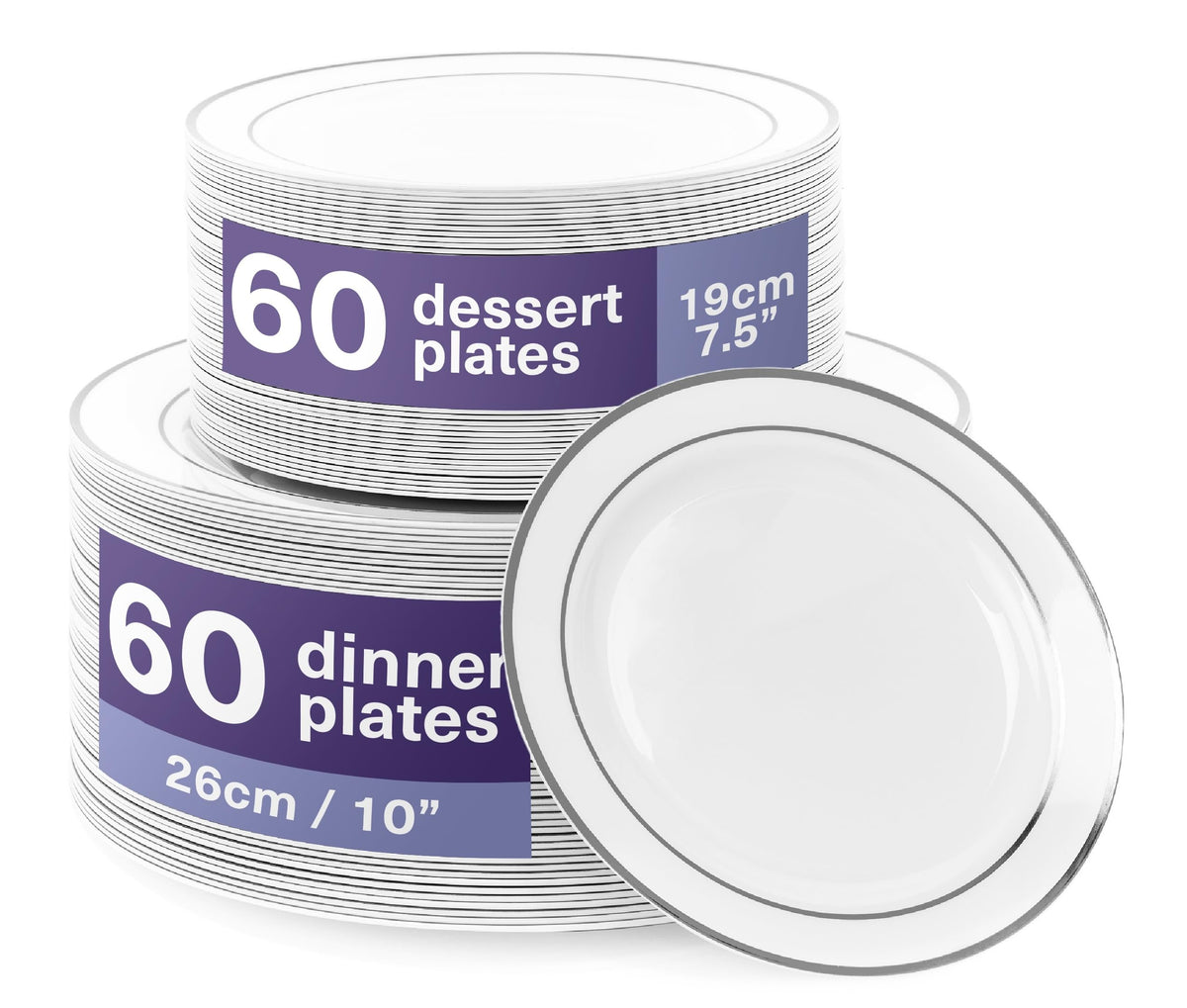 MATANA Plastikteller 120 Stk. Weiss, Silberrand, 2 Grössen. Robustes Einweggeschirr zum Servieren von Speisen bei Veranstaltungen.