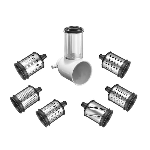 Kitchenaid KSMVSA+KSMEMVSC Gemüseschneider Set - Edelstahl 7-teilig. Edelstahl-Aufsatz mit Reib-/Schneidetrommeln zum Zerkleinern von Gemüse/Obst.