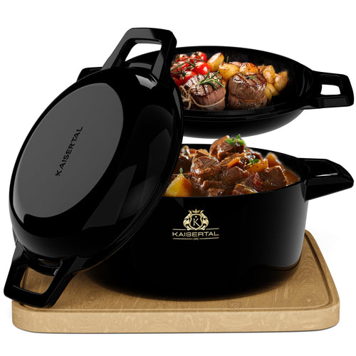 KAISERTAL emailliertes Gusseisen Bräterset – 2in1 Topf 4.8L & Pfanne 1.8L zum Braten, Schmoren und Garen.