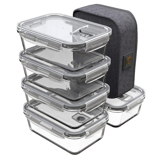GENICOOK Lunchbox Bento Brotdose Glas 5 x 840 ml mit Lunchtasche, BPA-frei, für Meal Prep