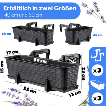KADAX Blumenkasten 60 cm 3er Set Balkonkasten Kunststoff Anthrazit