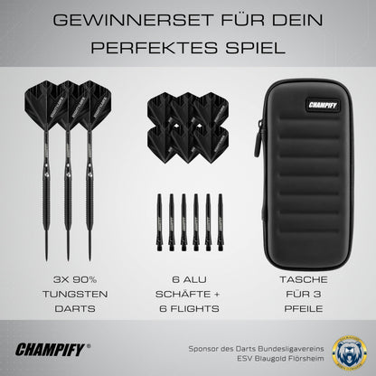 Champify Nighthawk Steeldarts Set, 90% Tungsten, 23 g, mit Tasche