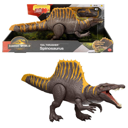 Mattel Jurassic World Tail Thrasher Spinosaurus Actionfigur. Grau-grüner Spinosaurus mit großem Rückensegel. Ermöglicht dynamisches Spielen mit Schwanzschlag-Bewegung.