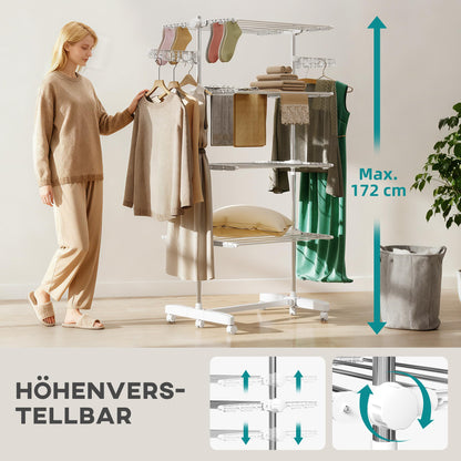 HOMCOM Turmwäscheständer, 4 Ebenen, klappbare Flügel, Rollen, weiss