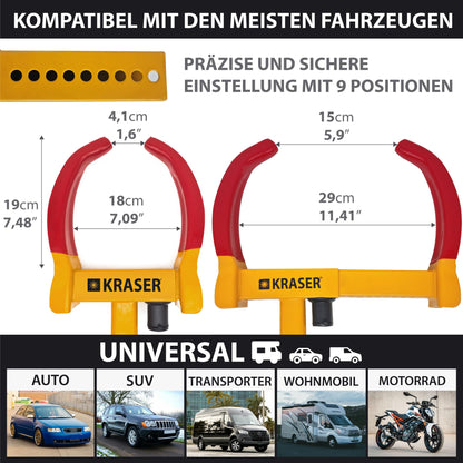 KRASER WA820 Radkralle, Parkkralle mit Anti-Bohrschloss, universal