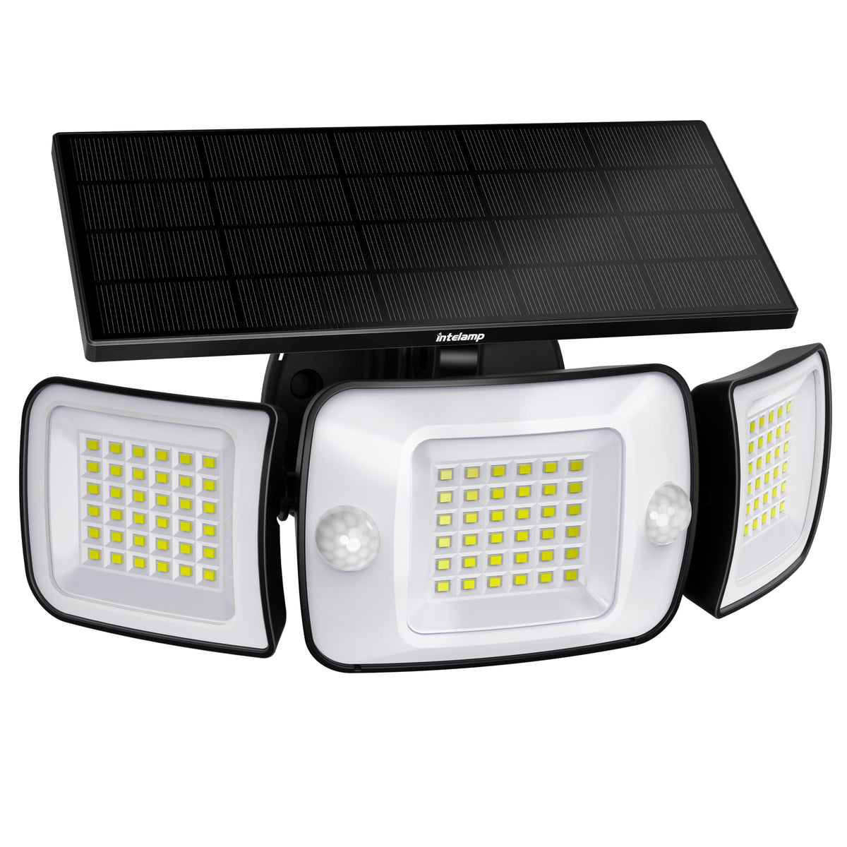 INTELAMP Solarleuchte für Aussen mit Bewegungsmelder, 1200 Lumen, IP65, drei Leuchtköpfe und Solarpanel