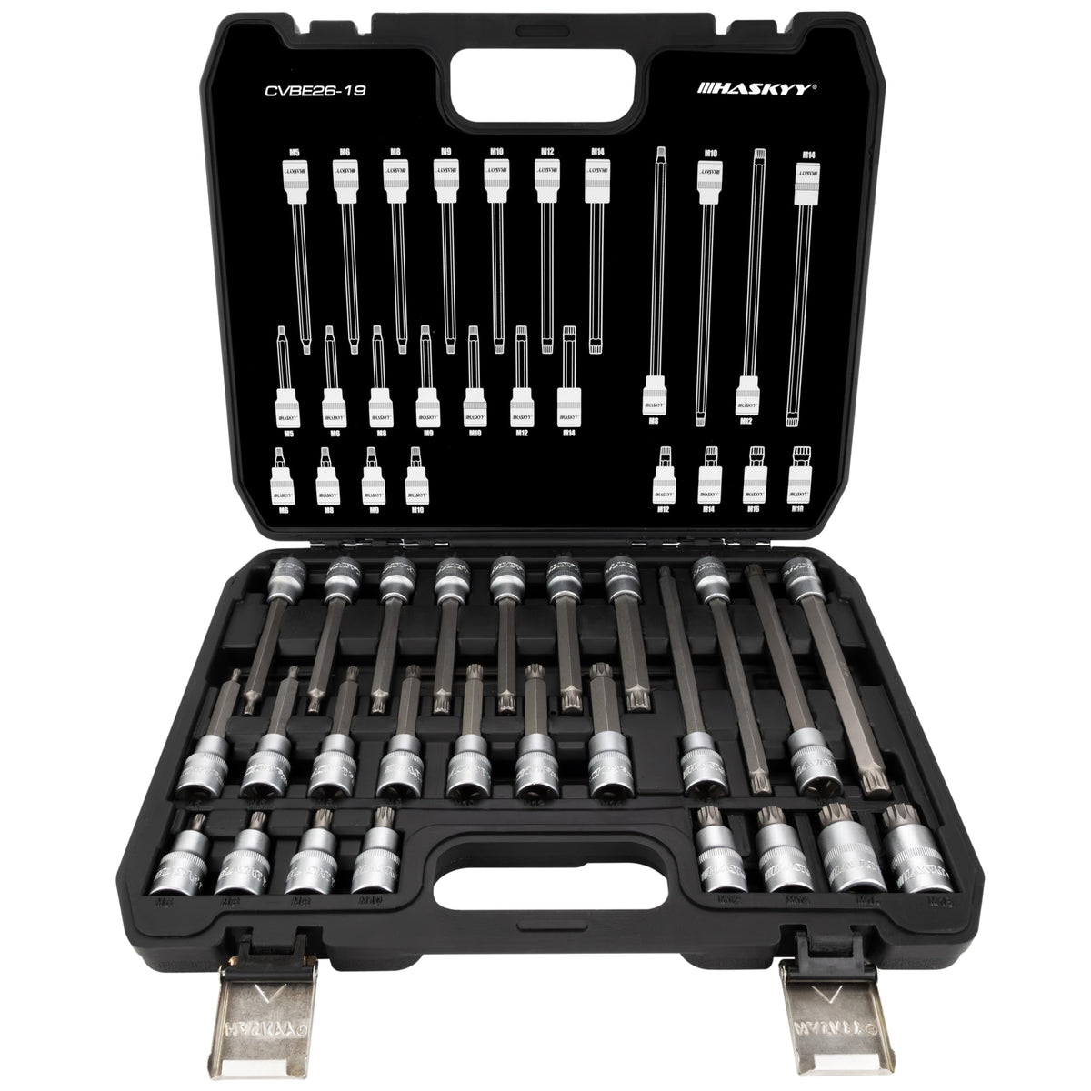 HASKYY XZN Steckschlüsselsatz 26-teilig, Innenvielzahn 1/2" M5-M18, matt verchromt, im Koffer