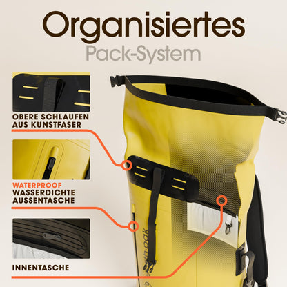 Earth Pak Summit wasserdichter Rucksack 35L Gelb mit Handyhülle