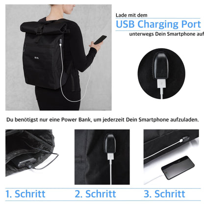 Ela Mo Rolltop Rucksack Damen mit Laptopfach und USB, Sand & Olive