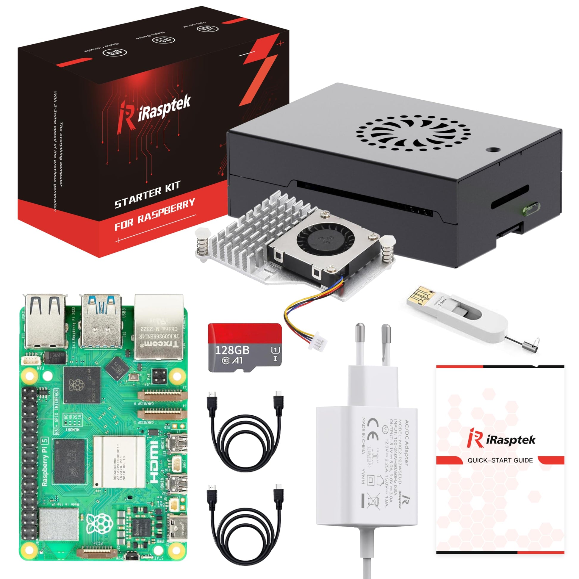 iRasptek Raspberry Pi 5 8GB Starter Kit - 128GB Aluminium, kompakter, rechteckiger Mini-PC im silbernen Gehäuse. Für Projekte.