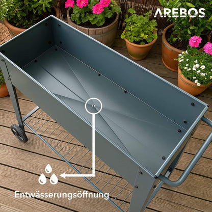 Arebos Hochbeet mit Rädern und Ablage, Metall, 108 x 51 x 80 cm