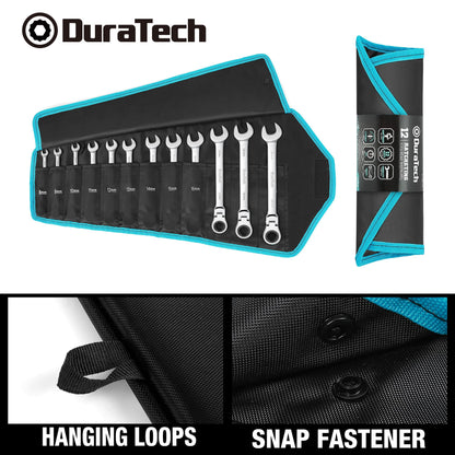 DURATECH Gelenk-Ratschenschlüssel Set 12-teilig 8-19 mm mit Rolltasche