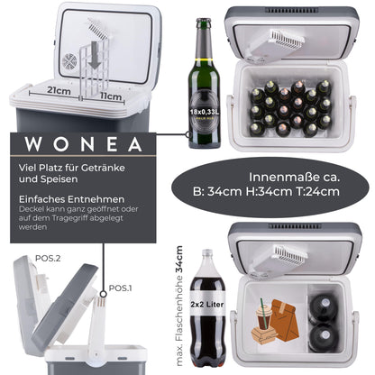 WONEA Thermoelektrische Kühlbox 32 Liter, 12V/230V, kühlt und wärmt