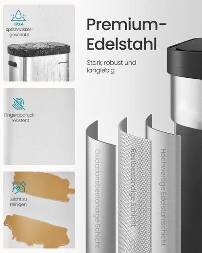 SONGMICS Sensor-Mülleimer, 50 L, Softclose, Stahl, silber-schwarz