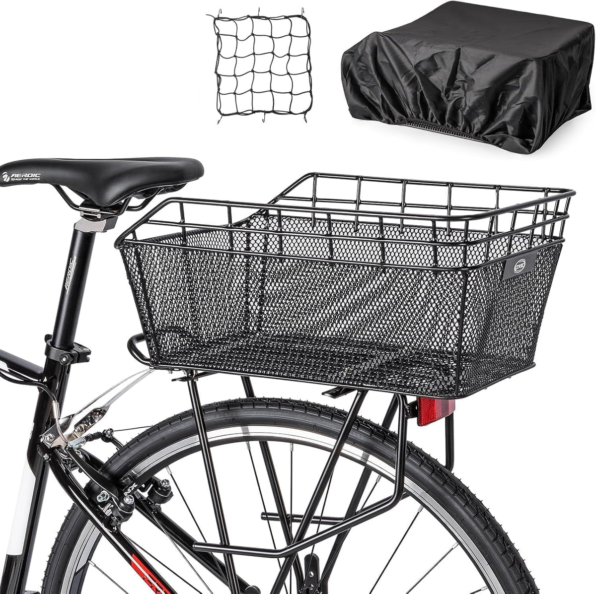 CXWXC Fahrradkorb hinten mit Ladungsnetz und Futterung, schwarz, aus beschichtetem Stahl