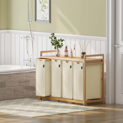 AdelDream Wäschekorb 200L mit 4 Fächern, Bambusrahmen, Beige
